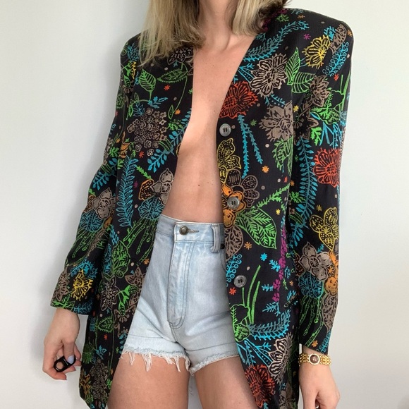 Vintage 100% Silk Long-Line Blazer Jacket Floral